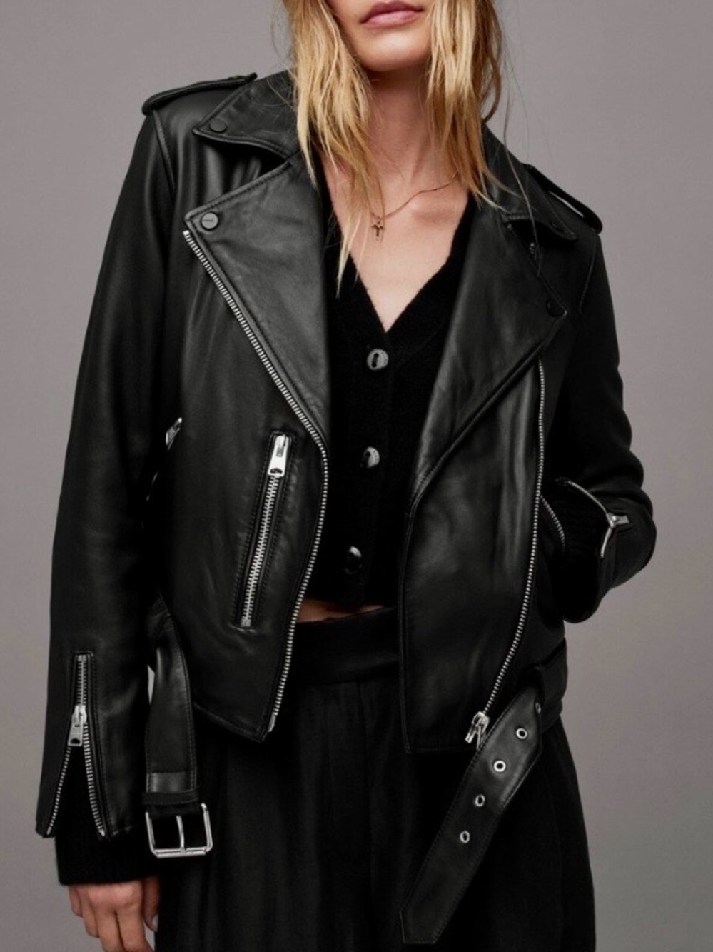 All Saints Leather Jacket w/Removable Hood